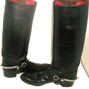 Vtg 1 of a Kind Bespoke Black Leather Riding Boots w Metal Stirrup Harness